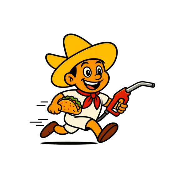 The Speedy running man, a boy in a sombrero running with a taco and a fuel nozzle