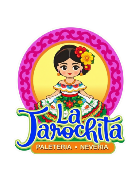 The La Jarochita logo, a girl in a floral Jarocha dress inside a pink scalloped frame, above the words Paleteria Neveria