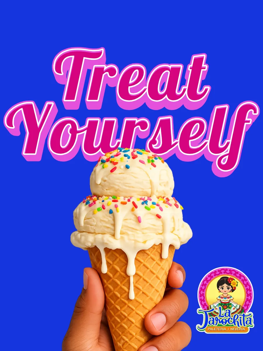 A hand holding a vanilla ice cream cone with rainbow sprinkles on a royal blue background, under the words Treat Yourself