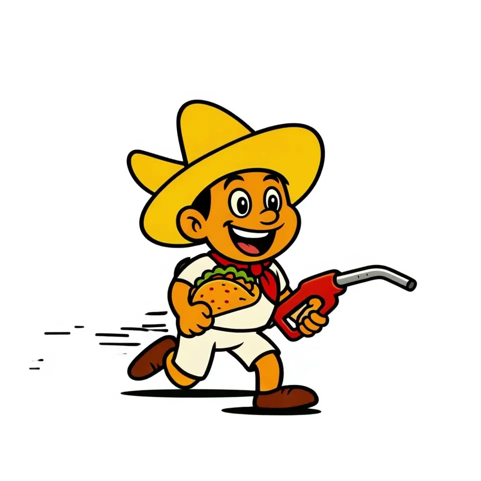 The Speedy running man jogging with a taco and a fuel nozzle