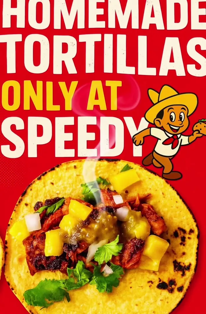 Homemade tortillas only at Speedy, over a taco of al pastor with pineapple and salsa on a fresh corn tortilla